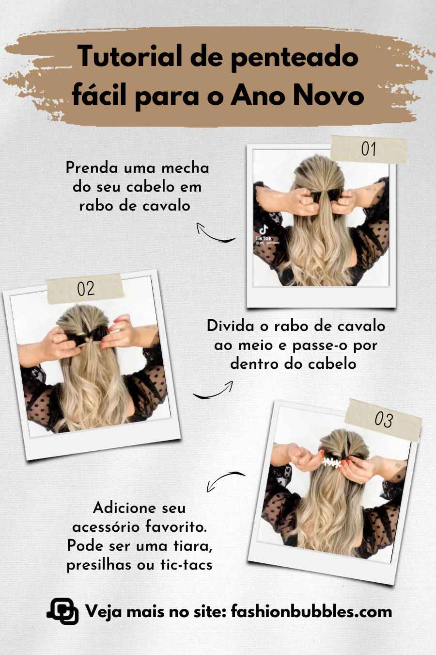 Ilustração com o passo a passo de como fazer um penteado de Natal