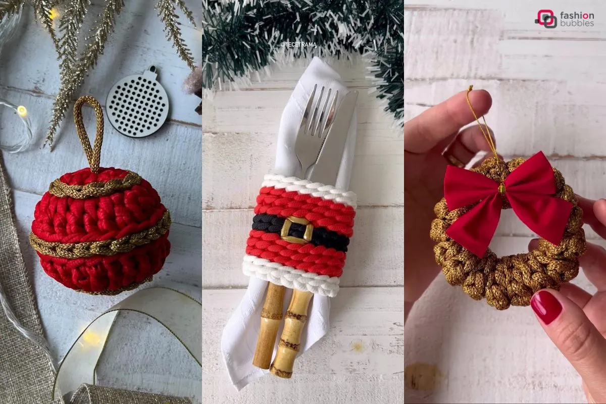 Montagem com 3 ideias de crochê para Natal: bola de enfeite, porta guardanapo e talheres e enfeite mini-guirlanda