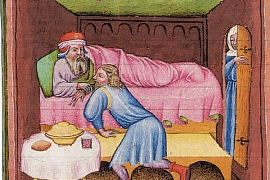 Pintura medieval mostrando homem em traje de dormir, enrolado em lençóis rosas, homem de traje azul abaixado e pessoa de traje azul entrando pela porta 