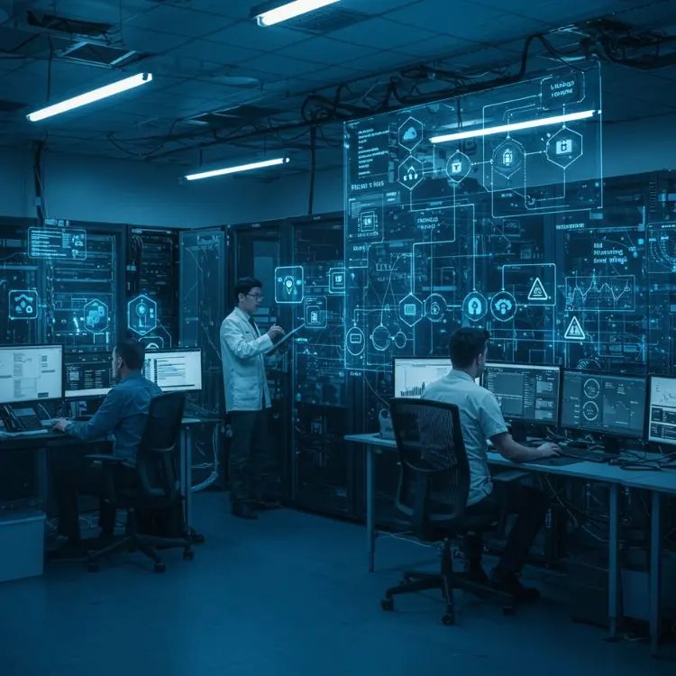 A imagem mostra um centro de dados com três homens trabalhando em computadores, monitorando sistemas complexos. Um homem em pé interage com uma tela de realidade aumentada exibindo diagramas e dados. O ambiente é iluminado por luzes azuis, refletindo a tecnologia avançada.

