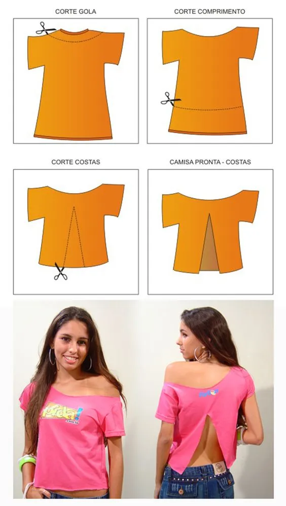 Passo a passo e foto de mulher de pele clara com blusa rosa customizada