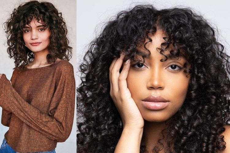 Duas fotos de mulheres com franja cortininha cabelo cacheado