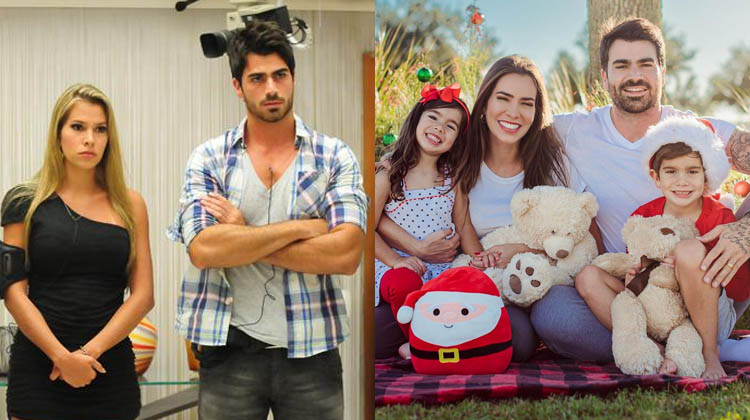 Montagem com duas fotos: Adriana Sant'Anna e Rodrigão no BBB e atualmente com 2 filhos