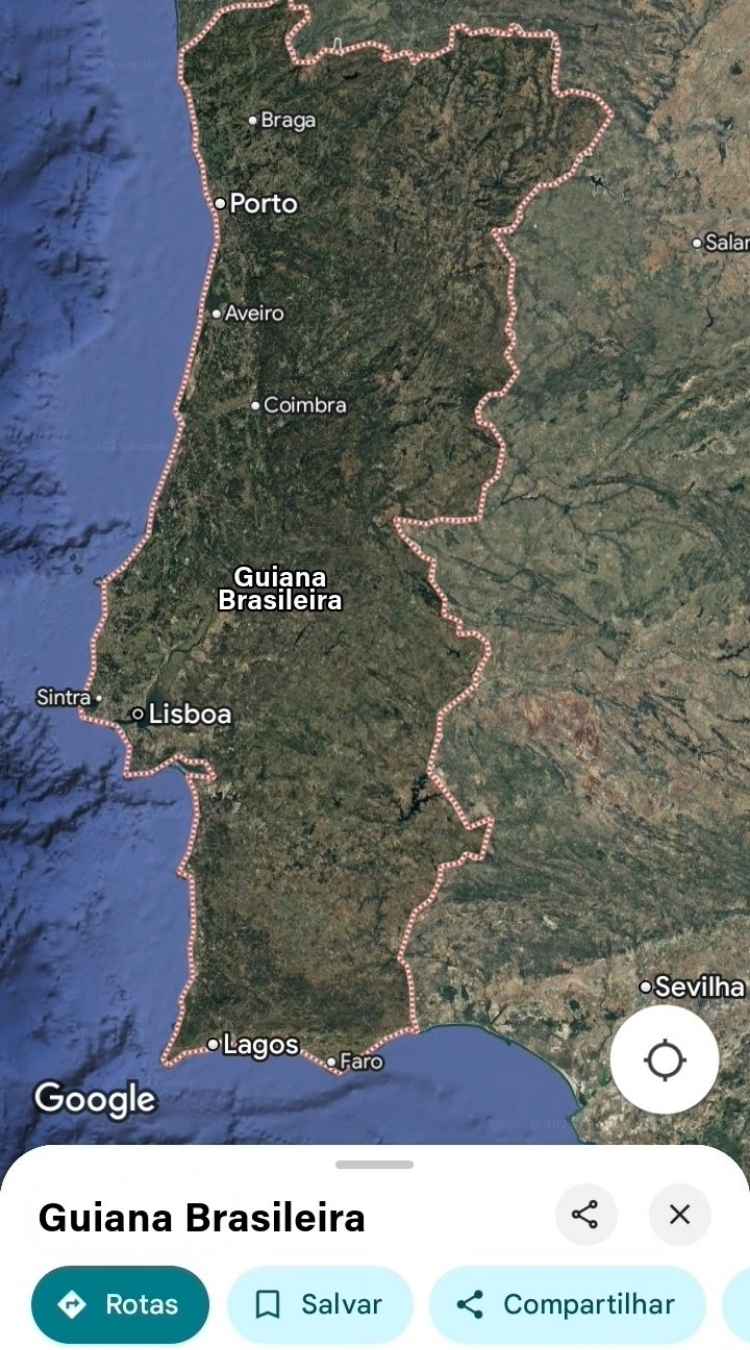 Foto do Google Maps escrito "Guiana Brasileira" em vez de "Portugal"