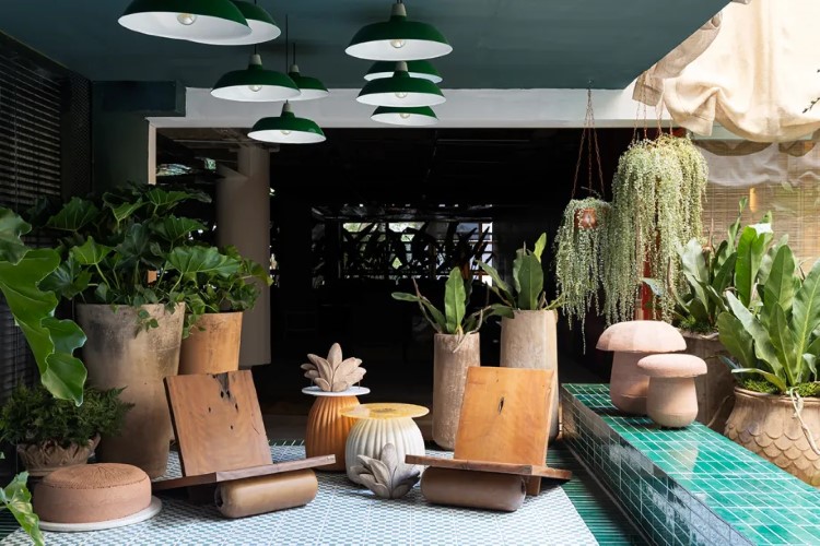 O espaço interior é repleto de plantas verdes e vasos variados, alguns pendurados, outros no chão. Há luminárias pendentes verdes e mobiliário em tons terrosos.

