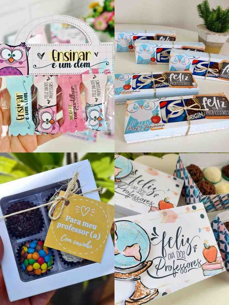 4 imagens em 1 montagem: chocolates, como brigadeiro e bis, em embalagem personalizada de Dia dos Professores.