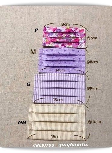 Foto de máscaras com comparativode medidas e tamanhos P M G e GG