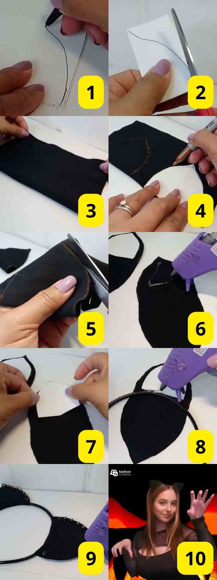 Tutorial com 10 passos de como fazer tiara de orelha de gato para fantasia de Halloween