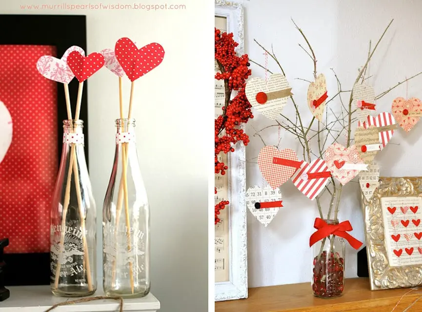 Montagem com duas fotos de decoração, de galhos com corações
