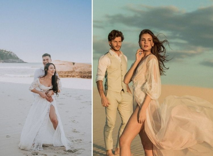 montagem com duas fotos de ensaio de casal na praia, um casal é anônimo e o outro são Klebber Toledo e Camila Queiroz ensaio de casal na praia