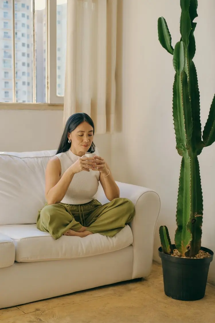 Uma mulher asiática senta-se de pernas cruzadas em um sofá branco, segurando uma xícara. Ela usa uma blusa branca sem mangas e calças verde-oliva. Um grande cacto em vaso fica à direita. A luz do sol entra pela janela, criando um ambiente tranquilo.







