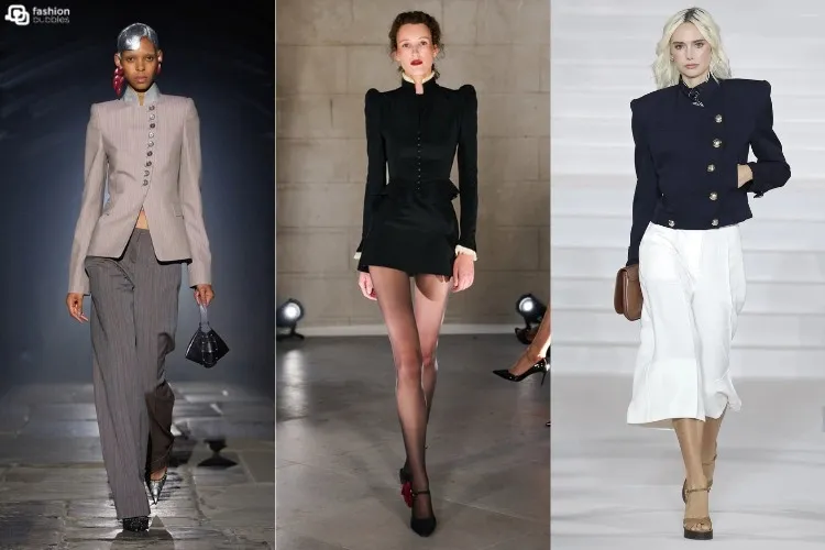 Modelos usando jaqueta napoleônica, uma das tendências da London Fashion Week Primavera Verão 2027