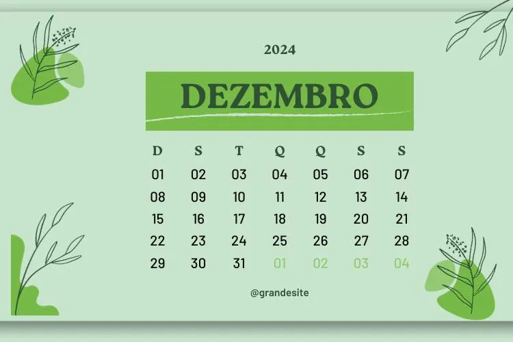 Calendário de dezembro de 2024 em tons de verde. 