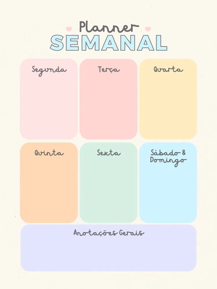 Planner semanal escolar colorido em tons pasteis, como azul, rosa e laranja. 