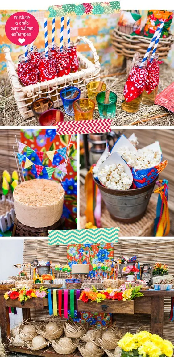 Decorações juninas, com bandanas, bandeirinhas, pipoca