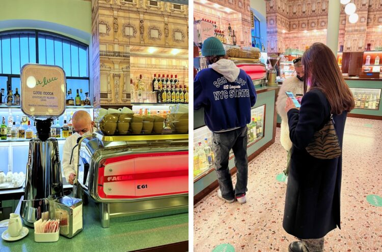 arte e moda, bar luce, fundação Prada, café em Milão, Milão Imagem da esquerda imagem do balção de café do Bar Luce Fundação Prada, imagem da direita jovens no balcão do Bar Luce pedidndo café