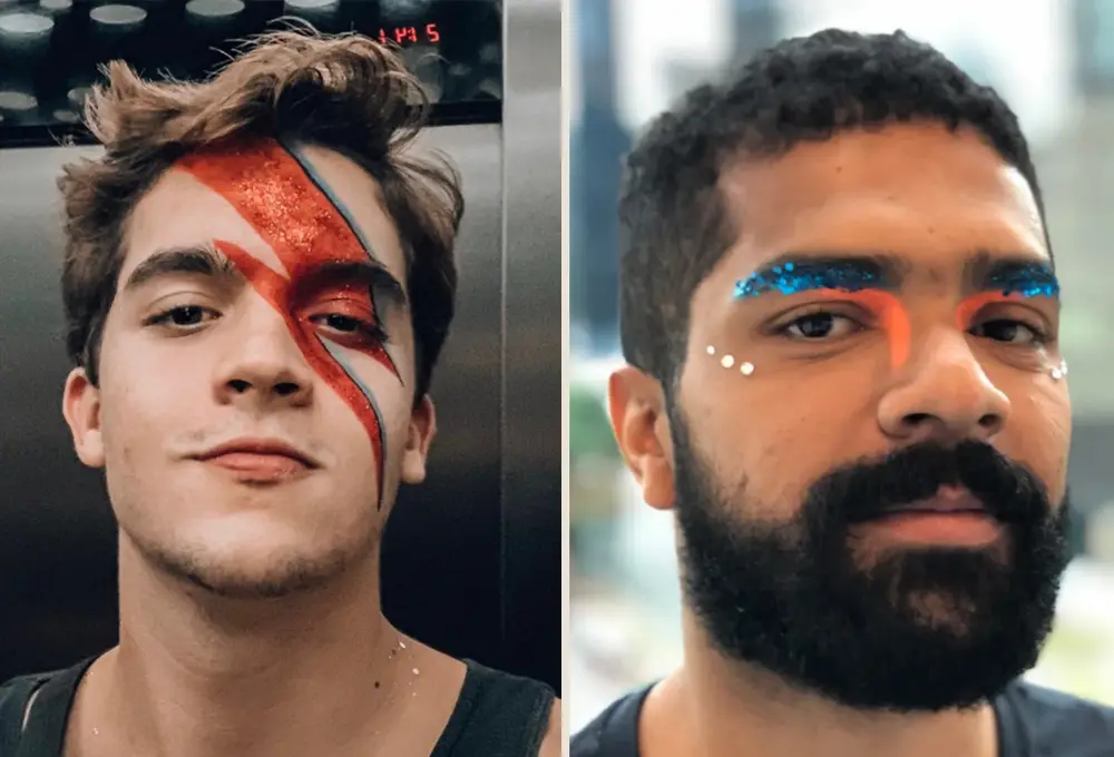 Montagem com 2 fotos que aparecem na matéria: homem de david bowie e homem com glitter azul na sobrancelha, laranja no olho e strass