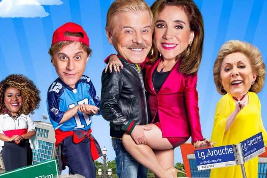 Foto de atores do filme "Sai de Baixo: O Filme" com montagem cabeças grandes.